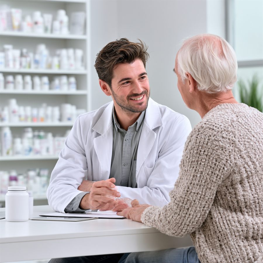 Un pharmacien de la Pharmacie du Pont Neuf en entretien avec une patiente, assis à une table, dossier ouvert devant eux