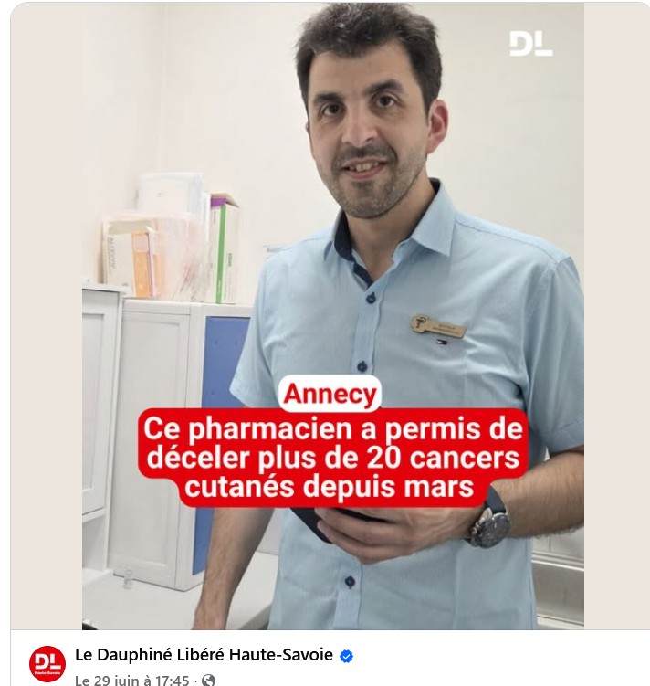 Article du Dauphiné Libéré : « Ce pharmacien a permis de déceler plus de 20 cancers cutanés depuis mars » (Annecy)