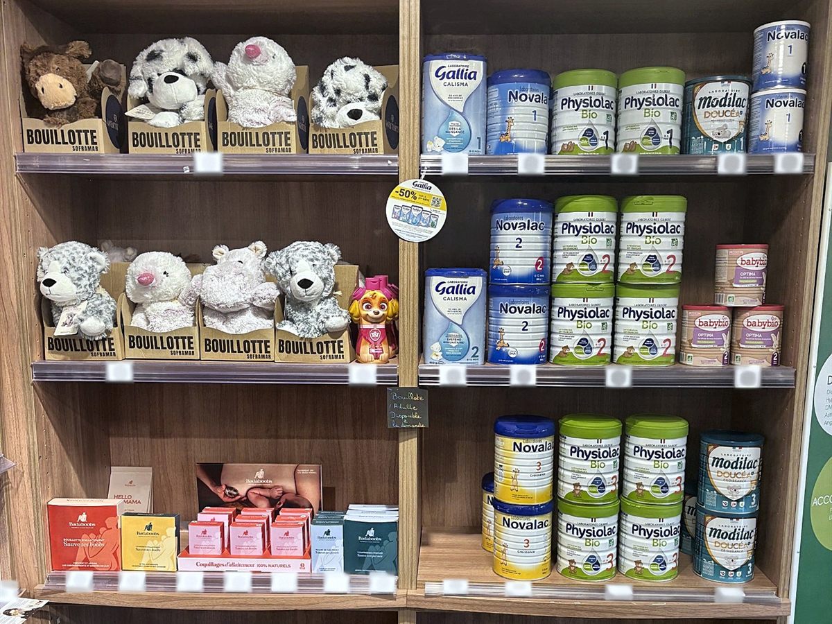 Rayon laits infantiles et allaitement : Gallia, Novalac, Physiolac Bio, Modilac, bouillottes peluches